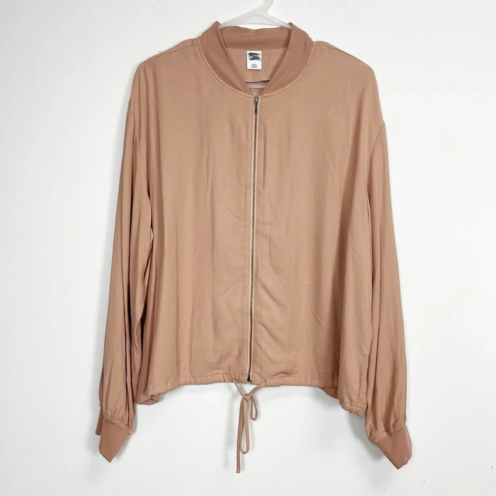Melrose & Market Bomber Jacket Womens Large Tan Brown Lightweight Drawstring